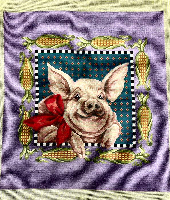 Finished needlepoint pink pig 12 mesh canvas tapestry wool yarn 16x18 rare