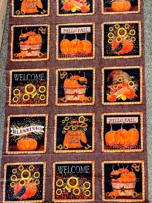 Hello fall welcome autumn Benartex panel pumpkins cornucopia harvest thanksgiving hot pad squares fabric panel