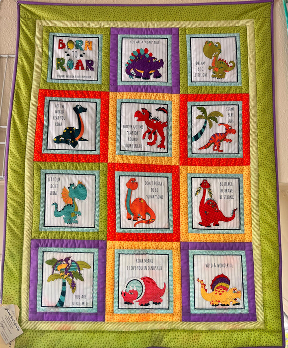 Dinosaur Baby Quilt, Handmade Crib Bedding - 'Born to Roar' Dino Blanket for Nursery