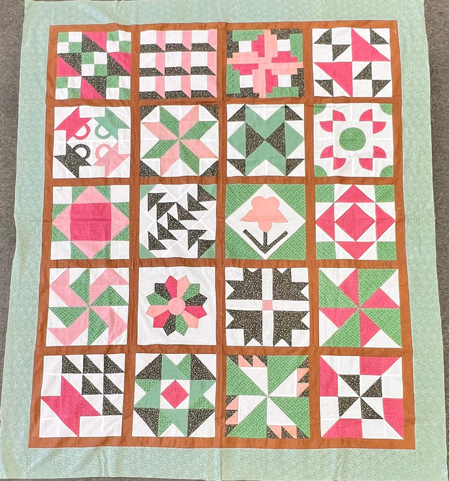 Calico Sampler Quilt Top - Traditional Americana Pattern Pink and Green Patchwork