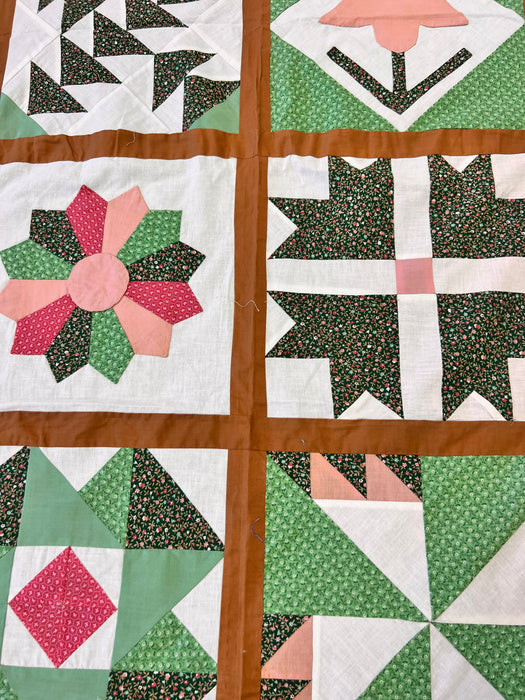Calico Sampler Quilt Top - Traditional Americana Pattern Pink and Green Patchwork