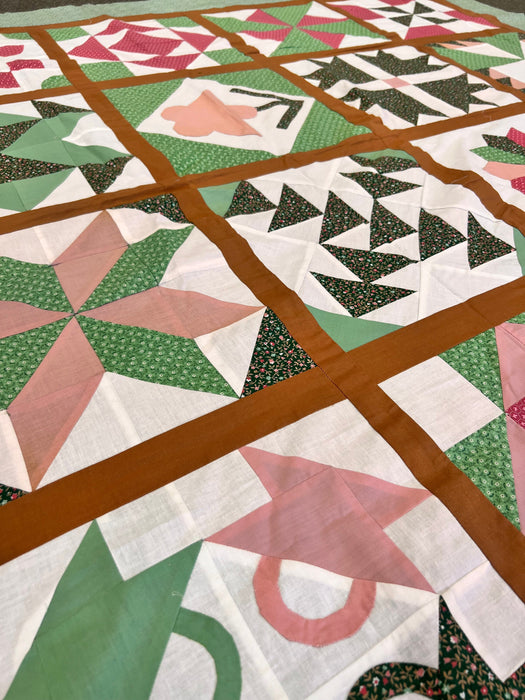 Calico Sampler Quilt Top - Traditional Americana Pattern Pink and Green Patchwork