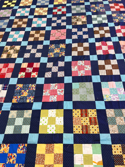 Vintage 1950's Navy Nine Patch Quilt Top - Handmade Patchwork Quilt Top