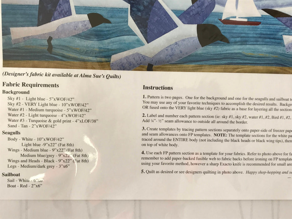 Seagulls Birds Sarasota 9x36 Sam Ward design for Alma Sue's Quilts Applique PATTERN fusible included NO Needle turn Easy Beginner 9x36