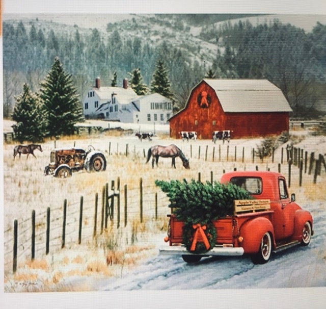 Red Truck with Cmas Tree Riley Blake fabric panel cotton out of print one block wonder farm horse barn Tractor