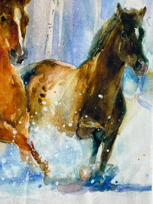 Snowfall on the range horses running snow panel 3 wishes John Keeling design 36x44 100% cotton