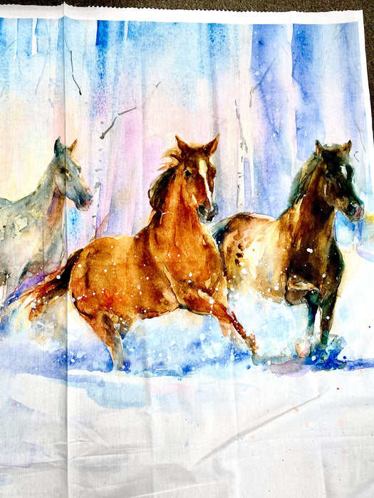 Snowfall on the range horses running snow panel 3 wishes John Keeling design 36x44 100% cotton