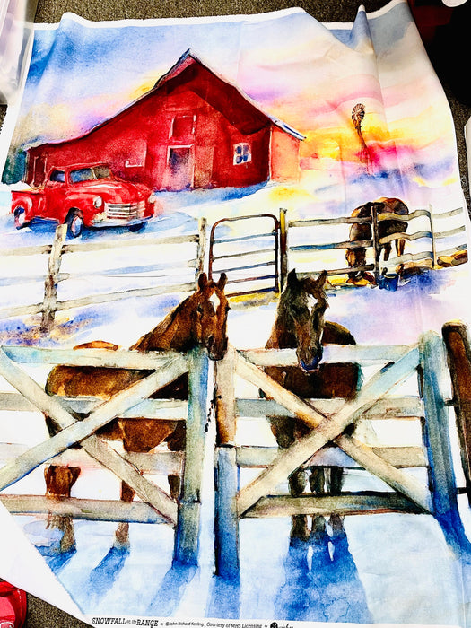 Snowfall on range large barn red truck horses snow panel 3 wishes by John Keeling