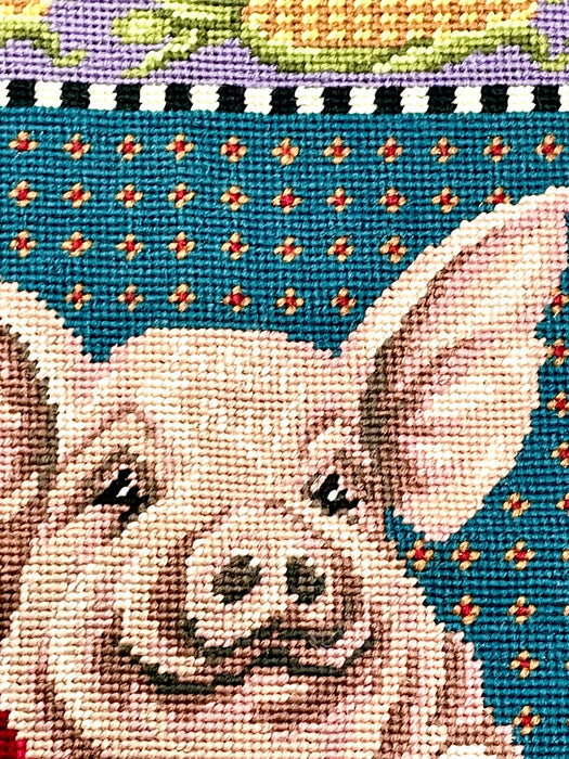 Finished needlepoint pink pig 12 mesh canvas tapestry wool yarn 16x18 rare