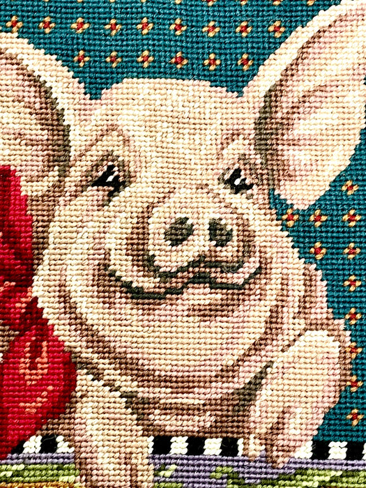 Finished needlepoint pink pig 12 mesh canvas tapestry wool yarn 16x18 rare