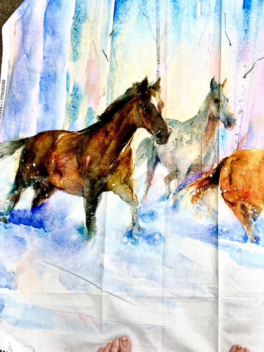 Snowfall on the range horses running snow panel 3 wishes John Keeling design 36x44 100% cotton