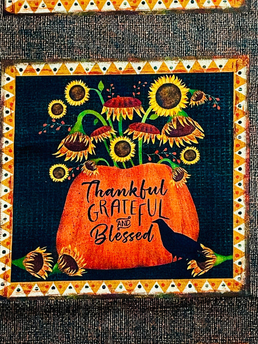 Hello fall welcome autumn Benartex panel pumpkins cornucopia harvest thanksgiving hot pad squares fabric panel