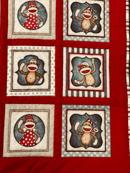 Quilt kit easy baby toddler sock monkey cotton  33x42 Alma Sue design