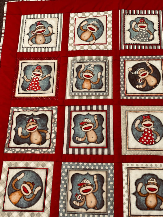 Quilt kit easy baby toddler sock monkey cotton  33x42 Alma Sue design