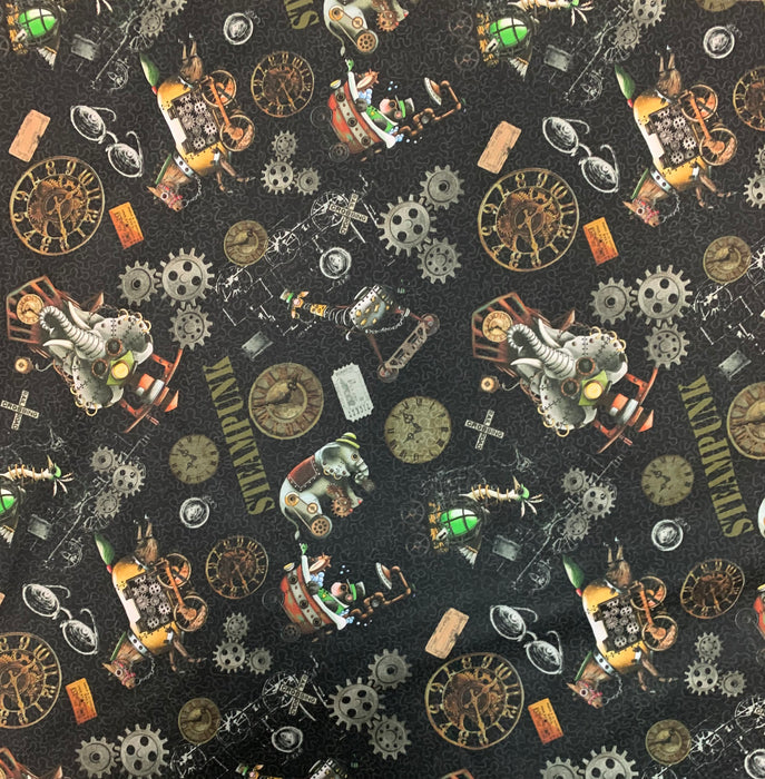 Steampunk express gears and clicks Cotton fabric sold by the yard QT fabrics man cave guy quilt