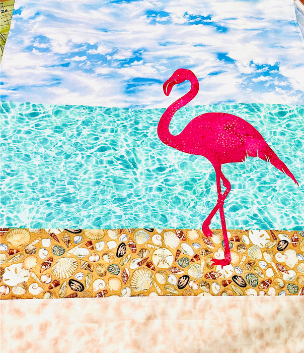 Beach flamingo Kit 21x26 FL shop hop fabric includes laser cut flamingo with fusible back 100% cotton