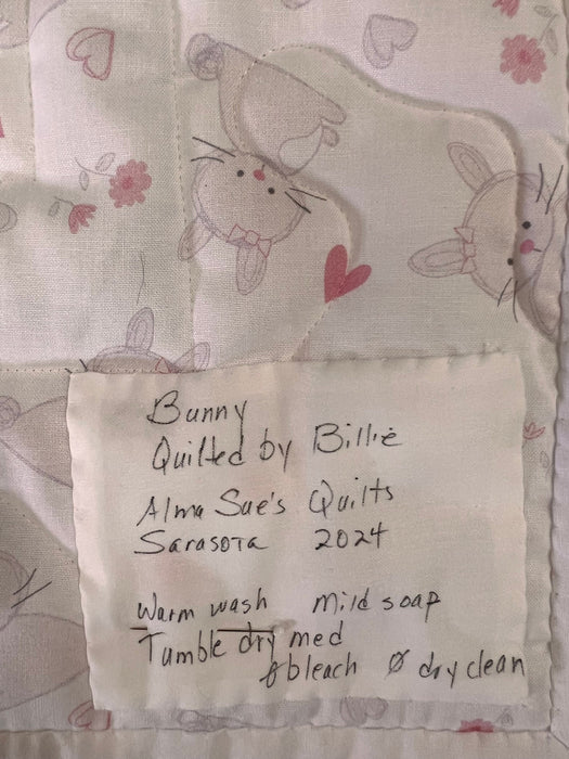 Pink Bunny Floral Hearts Baby Girl Quilt - Quilted Cotton Keepsake
