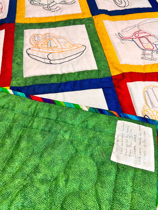 Transportation Nursery baby Quilt Amish Handcrafted hand quilted hand embroidered cars trucks boat heirloom quality cotton  primary colors