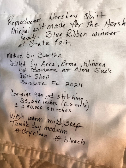 Whole Cloth White Reproduction Hershey Quilt Handmade Blue Ribbon Winner State Fair