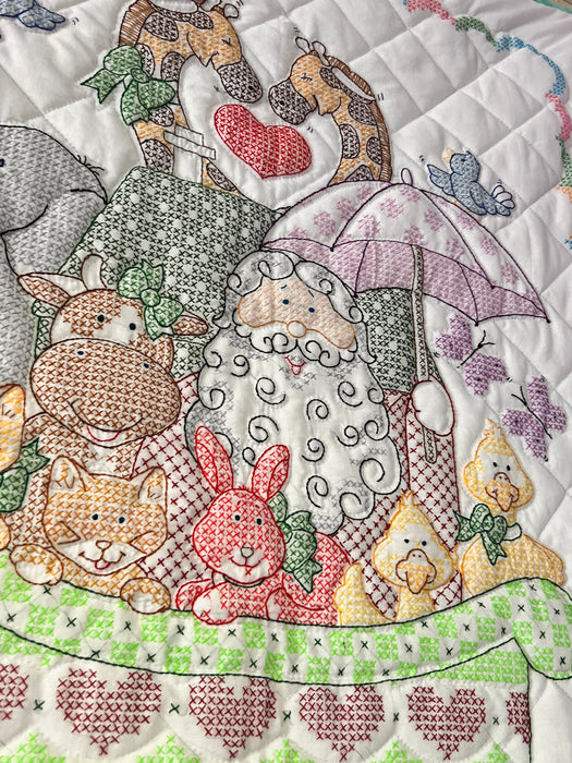 Noah's Ark Baby Quilt - Handmade Heirloom Crib Blanket with Embroidered Animals