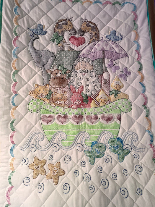 Noah's Ark Baby Quilt - Handmade Heirloom Crib Blanket with Embroidered Animals