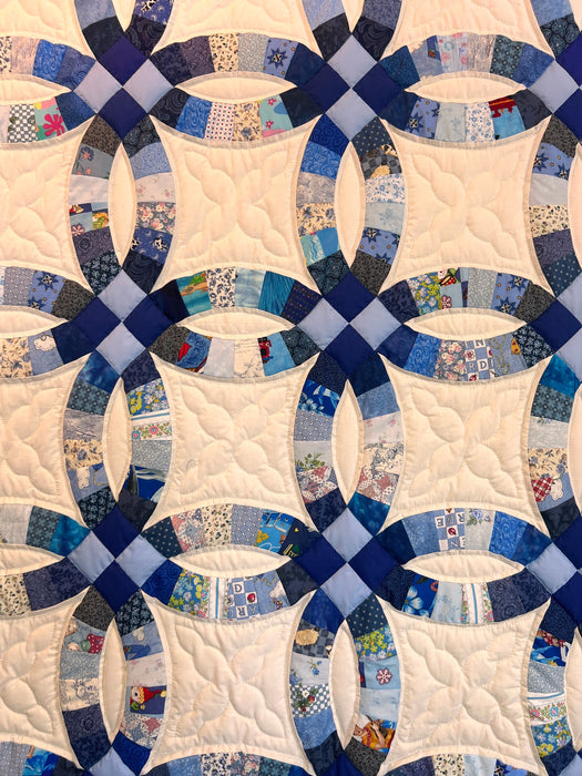 Blue Double Wedding Ring Quilt Handmade Hand Quilted Heirloom