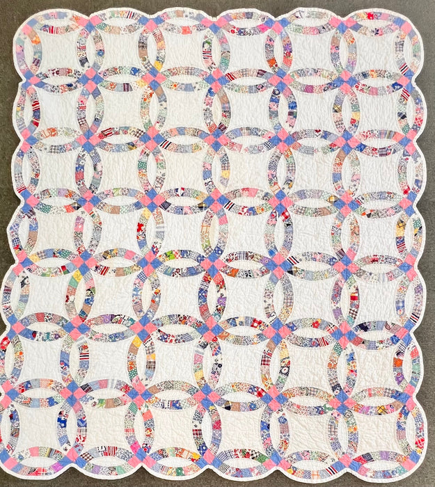 Vintage Double Wedding Ring 1940s Feedsack Quilt Handmade Hand Quilted
