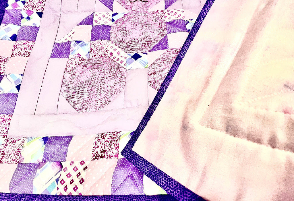 Purple Floral Patchwork Bear Baby Quilt - Hand Quilted Heirloom Gift