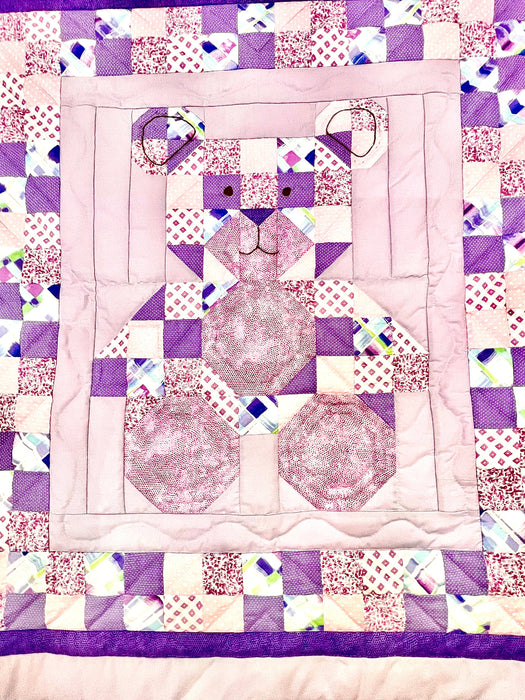 Purple Floral Patchwork Bear Baby Quilt - Hand Quilted Heirloom Gift
