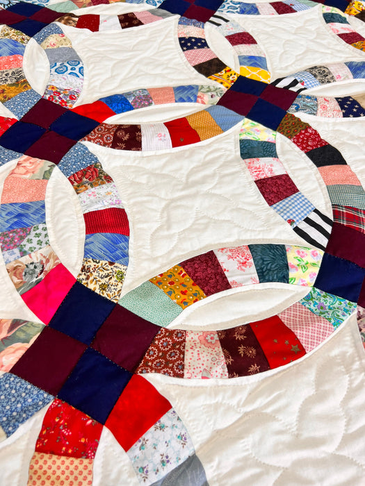 Double Wedding Ring Quilt - Vibrant Scrappy Amish Handmade Quilt