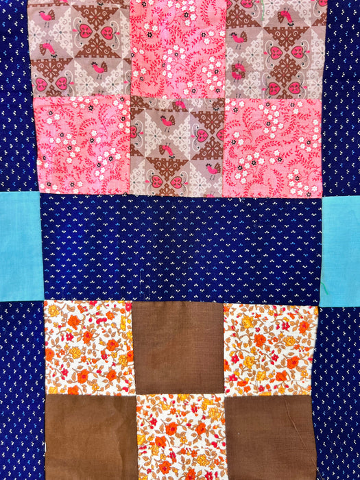 Vintage 1950's Navy Nine Patch Quilt Top - Handmade Patchwork Quilt Top