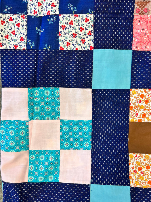 Vintage 1950's Navy Nine Patch Quilt Top - Handmade Patchwork Quilt Top