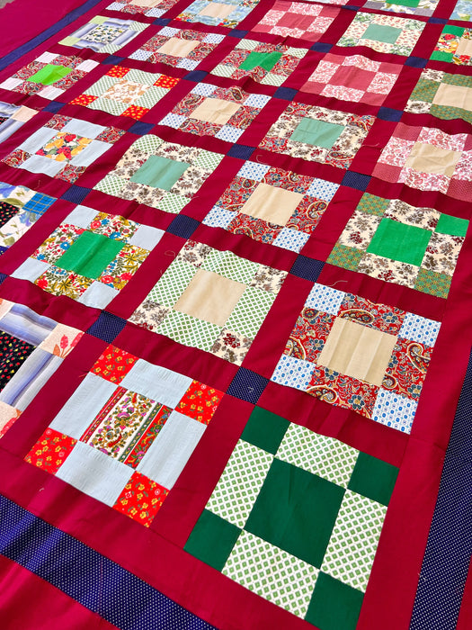 Vibrant Vintage Red Nine Patch Quilt Top - A Masterpiece of Handcrafted Americana