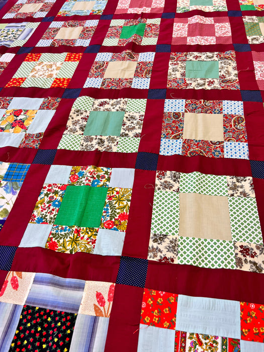 Vibrant Vintage Red Nine Patch Quilt Top - A Masterpiece of Handcrafted Americana