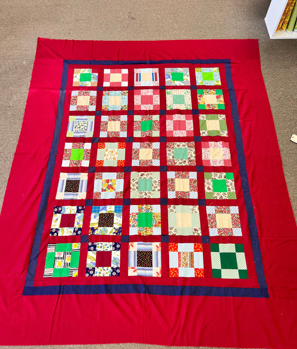 Vibrant Vintage Red Nine Patch Quilt Top - A Masterpiece of Handcrafted Americana