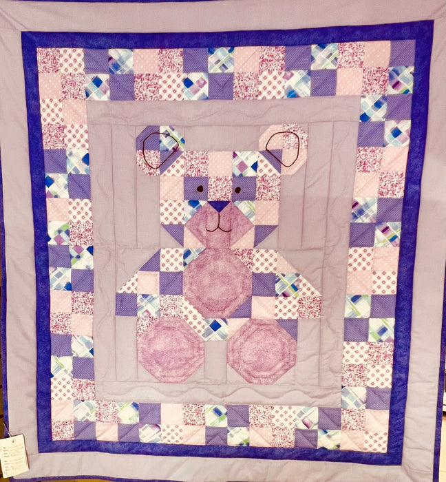 Purple Floral Patchwork Bear Baby Quilt - Hand Quilted Heirloom Gift