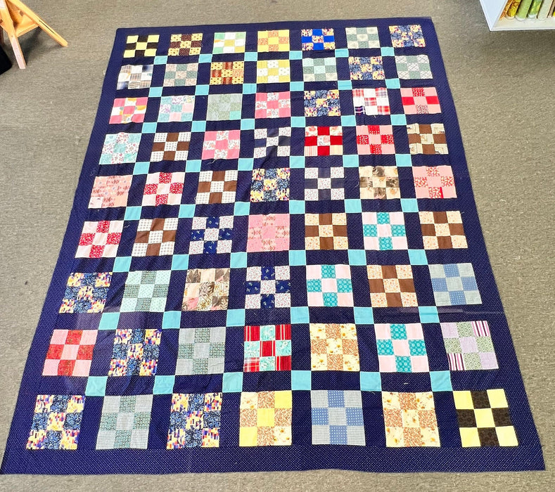 Vintage 1950's Navy Nine Patch Quilt Top - Handmade Patchwork Quilt Top