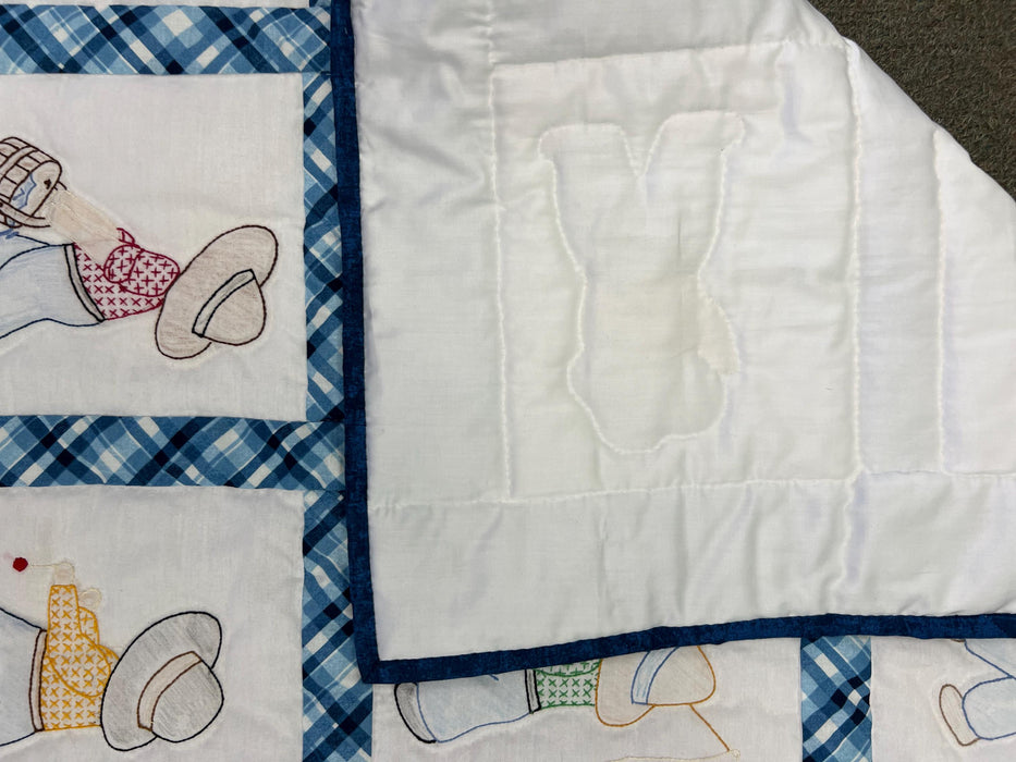 Fishing Overall Bill Baby Quilt - Handmade Nostalgia